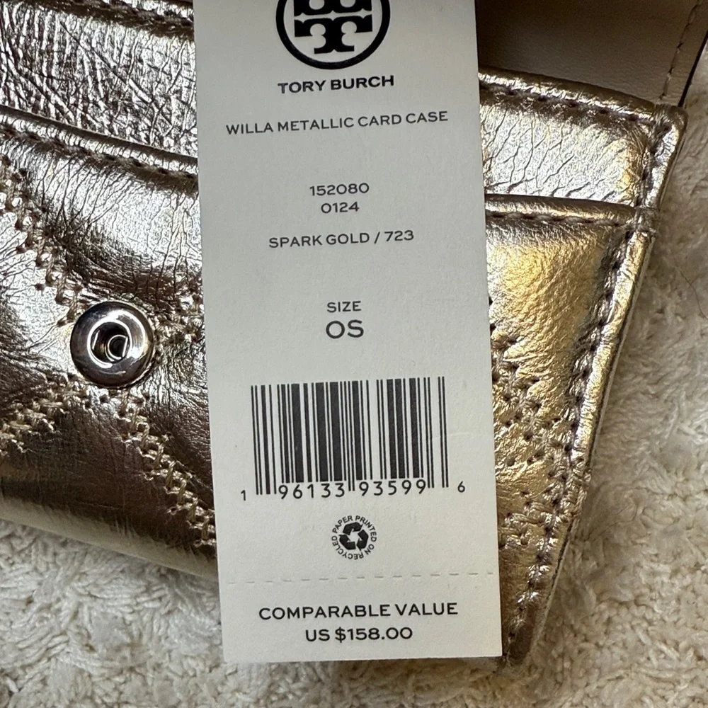 NWT Tory Burch Willa Metallic Gold Quilted Card Case